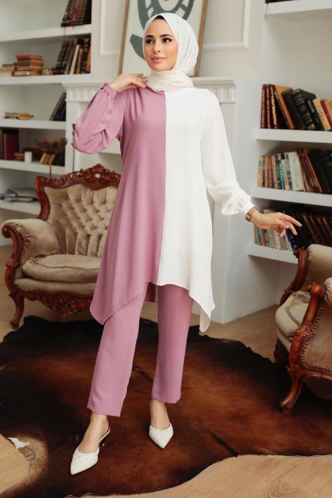 Neva Style - İki Renkli Gül Kurusu Tesettür İkili Takım 1307GK - 2