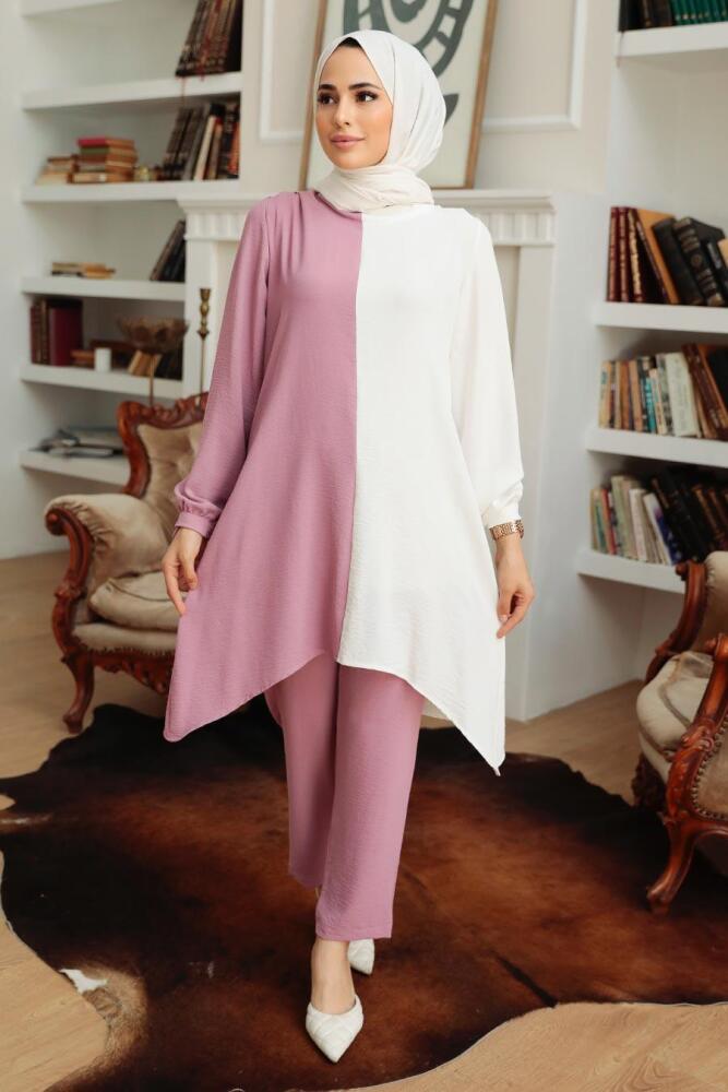 Neva Style - İki Renkli Gül Kurusu Tesettür İkili Takım 1307GK - 1