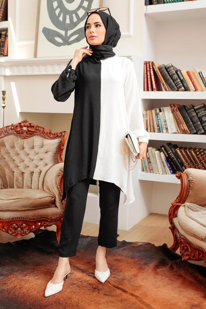 Neva Style - İki Renkli Siyah Tesettür İkili Takım 1307S - 1