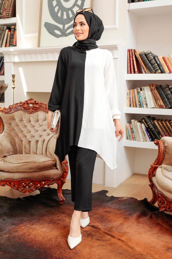 Neva Style - İki Renkli Siyah Tesettür İkili Takım 1307S - 2