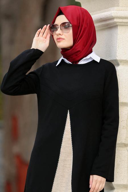 Neva Style - İki Renkli Siyah Tesettür Triko Tunik 2885S - 2