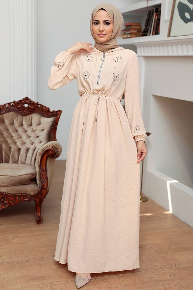 Neva Style - İnci Detaylı Bej Tesettür Elbise 13260BEJ - 1