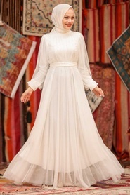 Neva Style - İnci Detaylı Beyaz Tesettür Abiye Elbise 50080B - Thumbnail