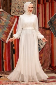 Neva Style - İnci Detaylı Beyaz Tesettür Abiye Elbise 50080B - Thumbnail