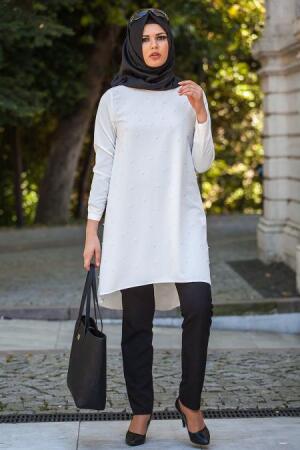 Neva Style - İnci Detaylı Beyaz Tunik - 1
