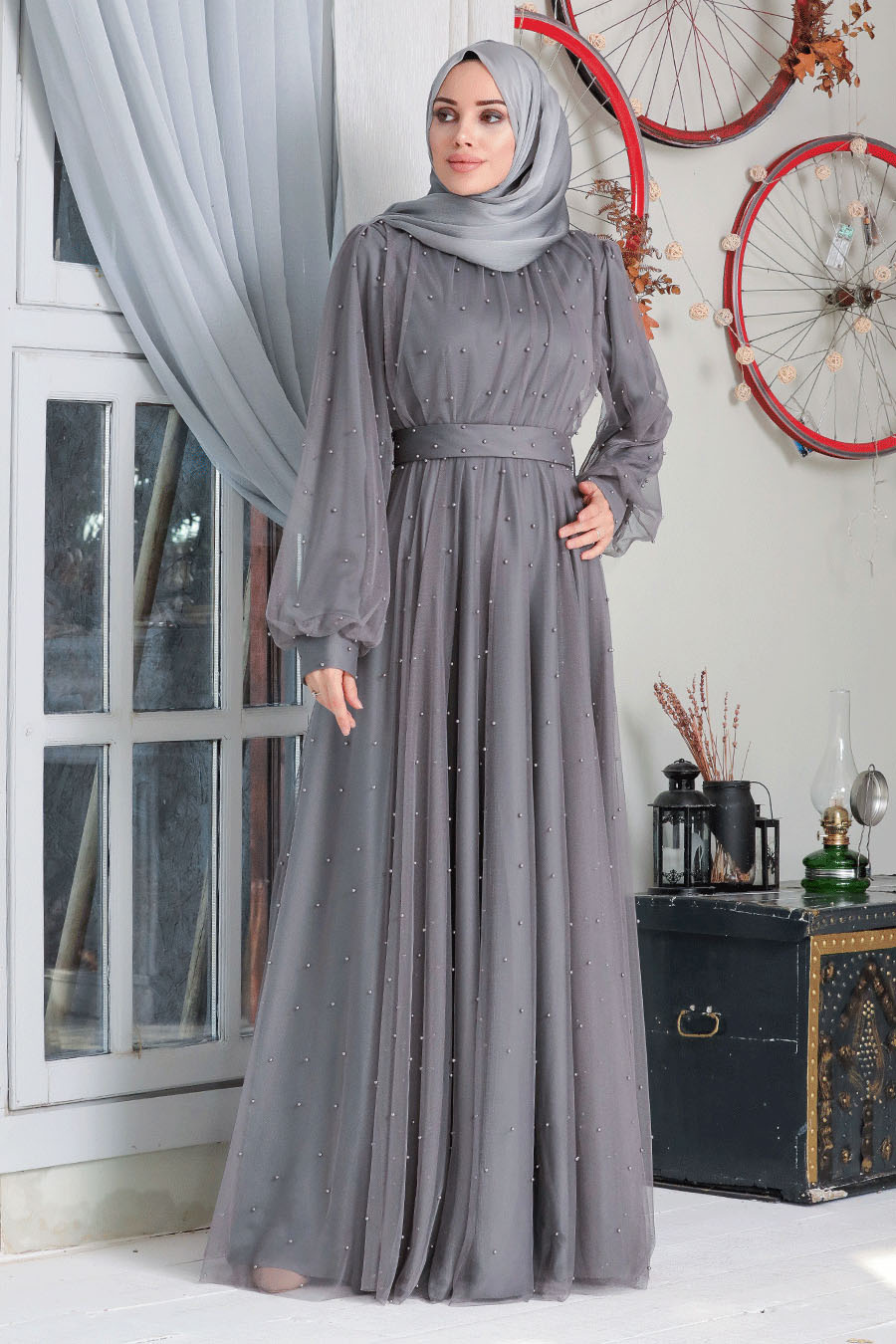 Neva Style - İnci Detaylı Füme Tesettür Abiye Elbise 50080FU