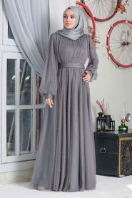 Neva Style - İnci Detaylı Füme Tesettür Abiye Elbise 50080FU - Thumbnail
