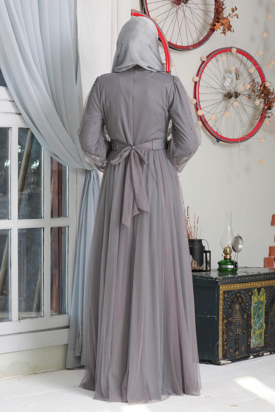 Neva Style - İnci Detaylı Füme Tesettür Abiye Elbise 50080FU
