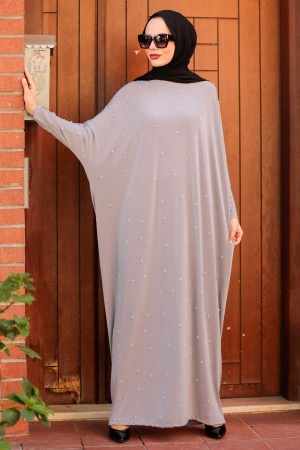 Neva Style - İnci Detaylı Gri Tesettür Elbise 4995GR - 1