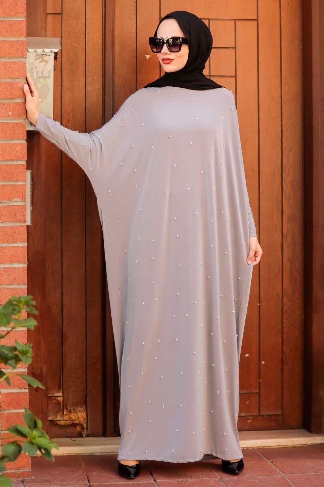 Neva Style - İnci Detaylı Gri Tesettür Elbise 4995GR - 1