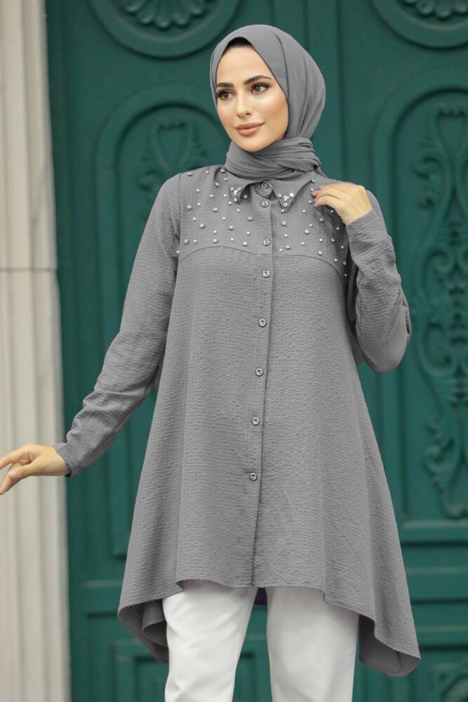 Neva Style - İnci Detaylı Gri Tesettür Tunik 4602GR - 1