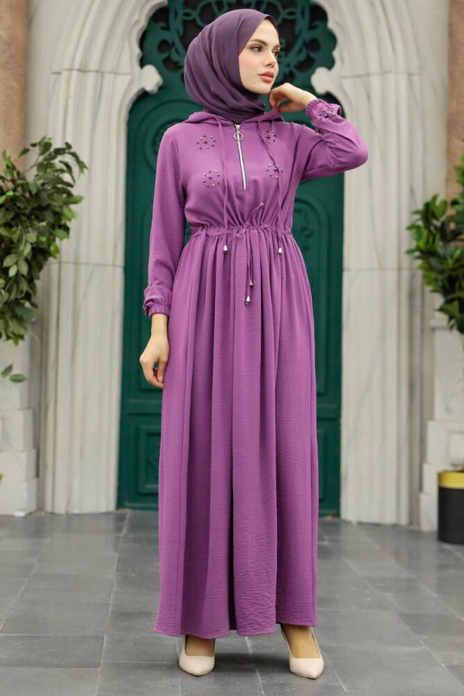 Neva Style - İnci Detaylı Gül Kurusu Tesettür Elbise 13260GK - 1