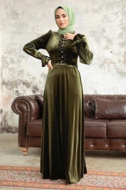 Neva Style - İnci Detaylı Haki Tesettür Kadife Elbise 37091HK - Thumbnail