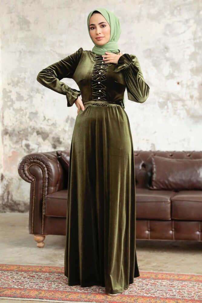 Neva Style - İnci Detaylı Haki Tesettür Kadife Elbise 37091HK - 1