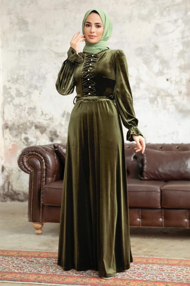 Neva Style - İnci Detaylı Haki Tesettür Kadife Elbise 37091HK - 2