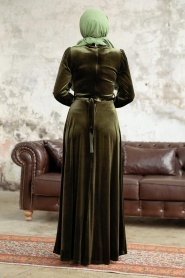 Neva Style - İnci Detaylı Haki Tesettür Kadife Elbise 37091HK - Thumbnail