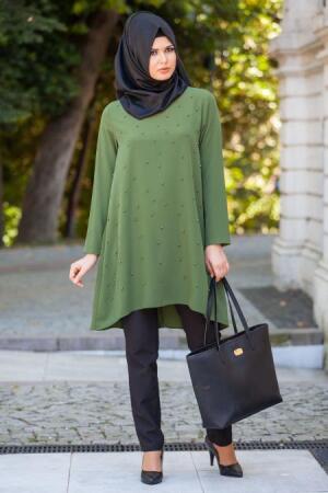 Neva Style - İnci Detaylı Haki Tunik - 1