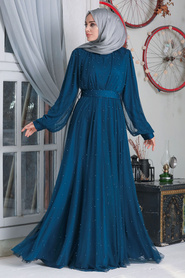 Neva Style - İnci Detaylı İndigo Mavisi Tesettür Abiye Elbise 50080IM - Thumbnail