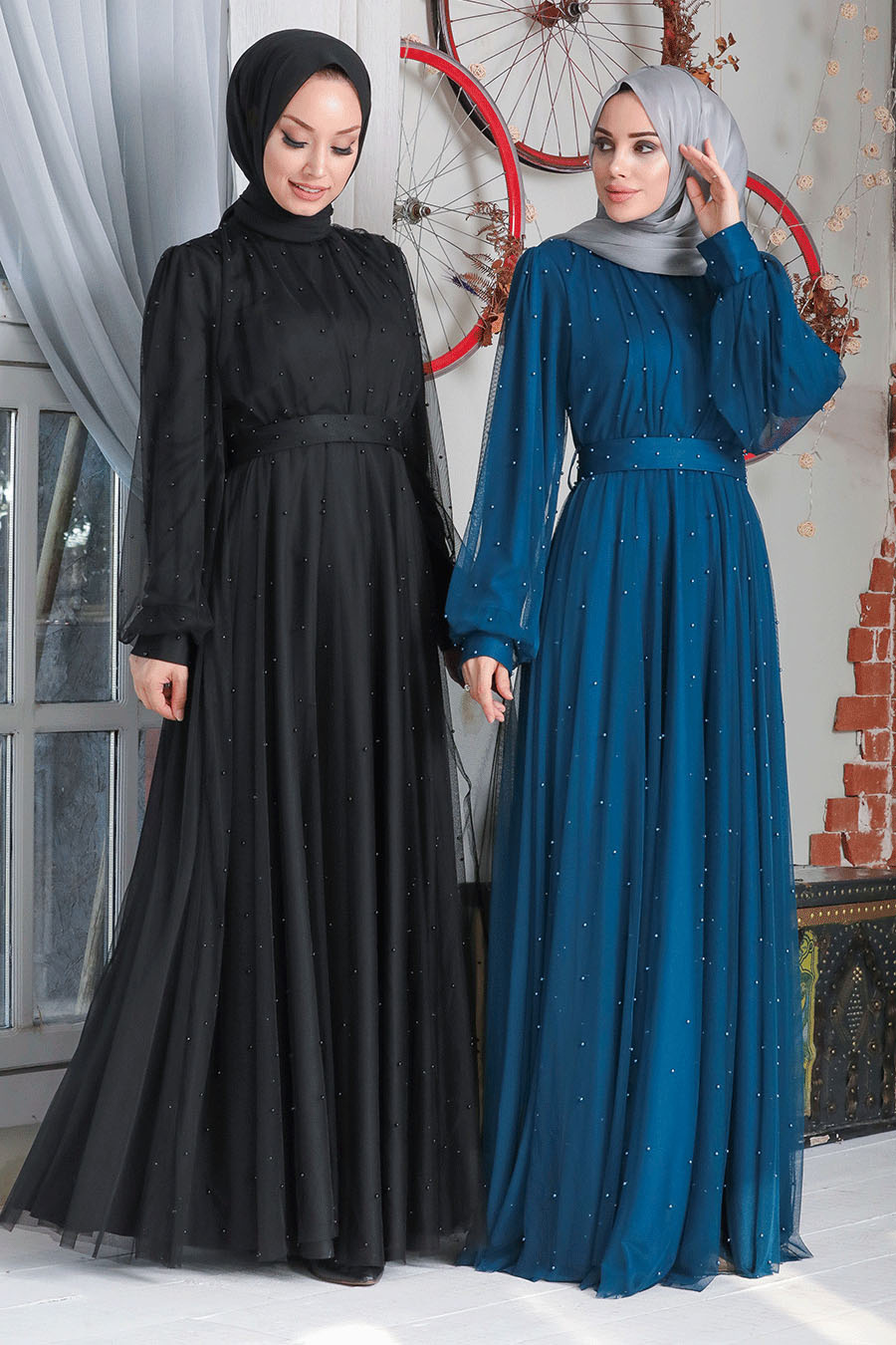 Neva Style - İnci Detaylı İndigo Mavisi Tesettür Abiye Elbise 50080IM