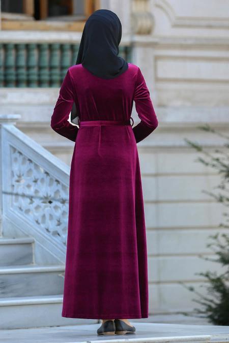 Neva Style - İnci Detaylı Kadife Tesettür Elbise 1528F - 2