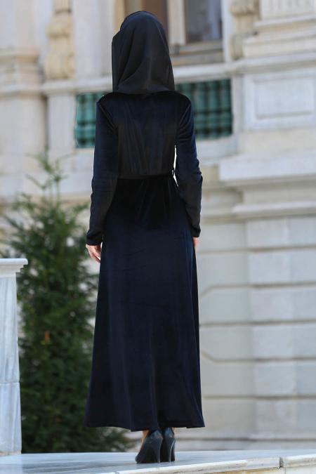 Neva Style - İnci Detaylı Kadife Tesettür Elbise 1528S - 2