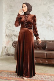 Neva Style - İnci Detaylı Kahverengi Tesettür Kadife Elbise 37091KH - Thumbnail