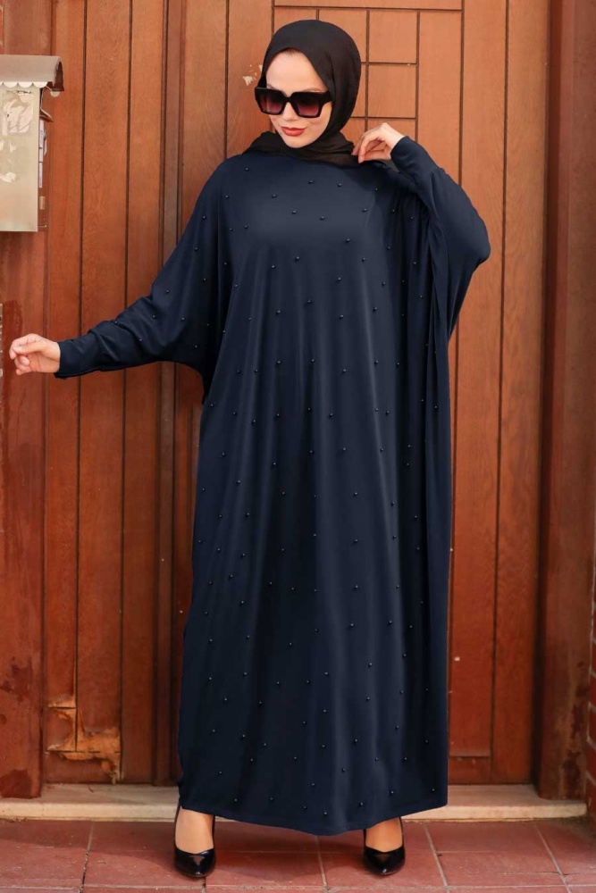 Neva Style - İnci Detaylı Lacivert Tesettür Elbise 4995L - 1