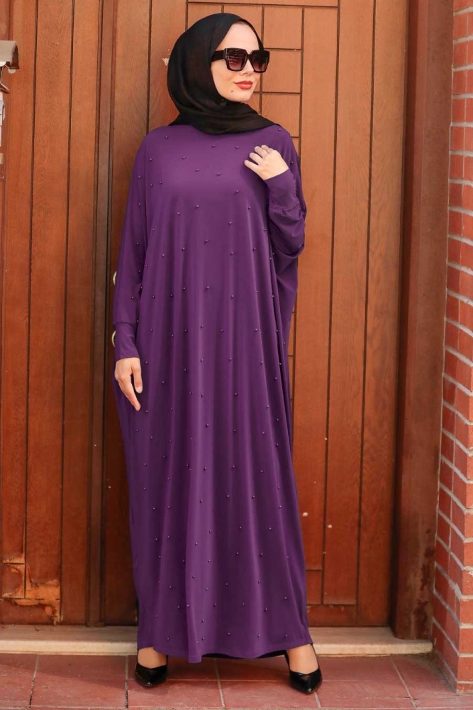 Neva Style - İnci Detaylı Mor Tesettür Elbise 4995MOR - 1