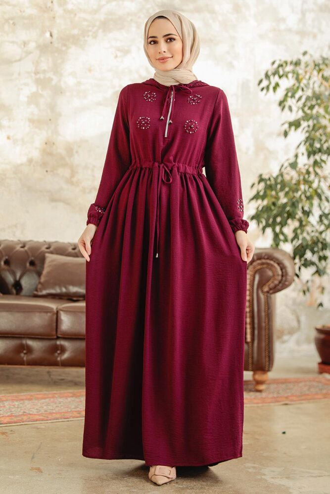 Neva Style - İnci Detaylı Mürdüm Tesettür Elbise 13260MU - NEVA STYLE