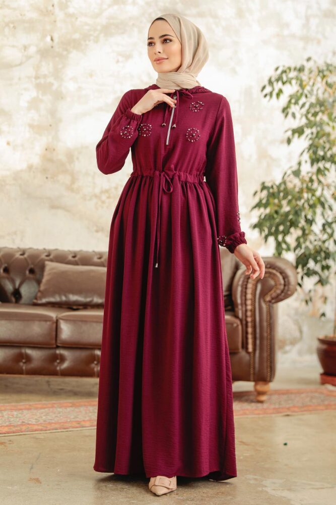 Neva Style - İnci Detaylı Mürdüm Tesettür Elbise 13260MU - 2