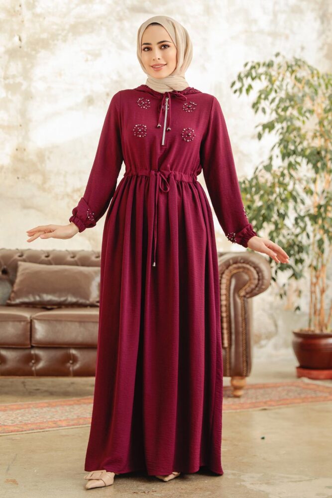 Neva Style - İnci Detaylı Mürdüm Tesettür Elbise 13260MU - 3