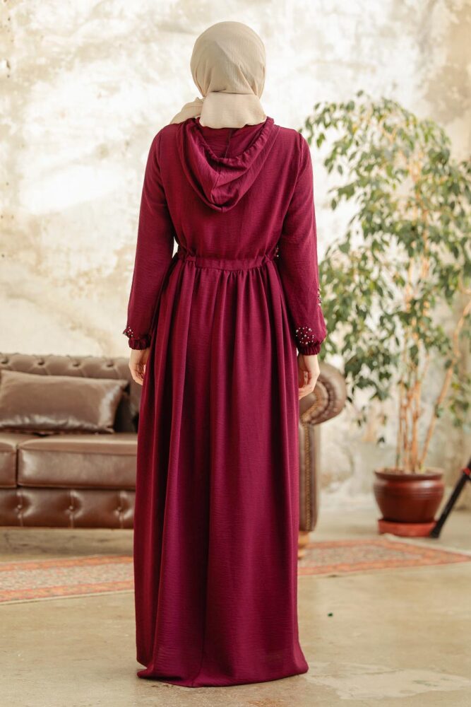 Neva Style - İnci Detaylı Mürdüm Tesettür Elbise 13260MU - 4