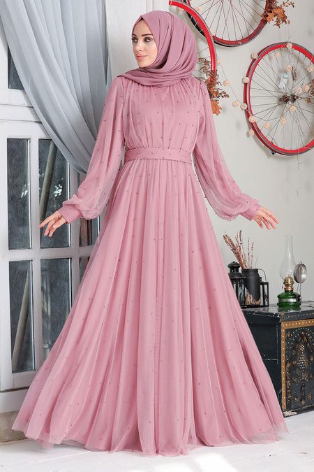 NEVA STYLE - Neva Style - İnci Detaylı Pudra Tesettür Abiye Elbise 50080PD