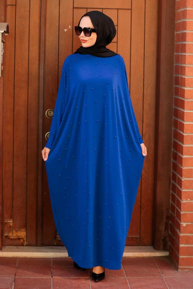 Neva Style - İnci Detaylı Sax Mavisi Tesettür Elbise 4995SX - 1