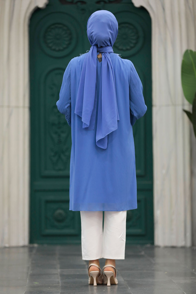  İnci Detaylı Sax Mavisi Tesettür Tunik 24032SX - 4