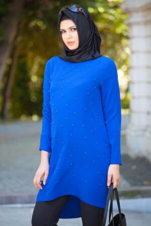 Neva Style - İnci Detaylı Sax Mavisi Tunik - 1