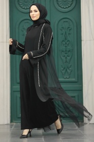 Neva Style - İnci Detaylı Siyah Abaya Tesettür İkili Takım 30101S - Thumbnail