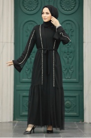 Neva Style - İnci Detaylı Siyah Abaya Tesettür İkili Takım 30101S - Thumbnail