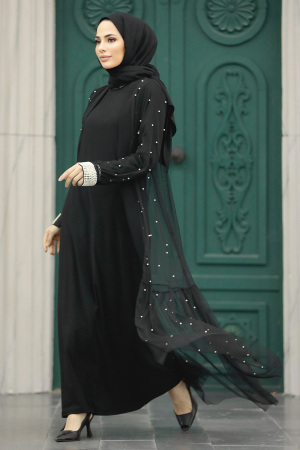 İnci Detaylı Siyah Abaya Tesettür İkili Takım 30121S - 3