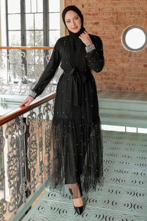  İnci Detaylı Siyah Tesettür Abaya 351500S - 1