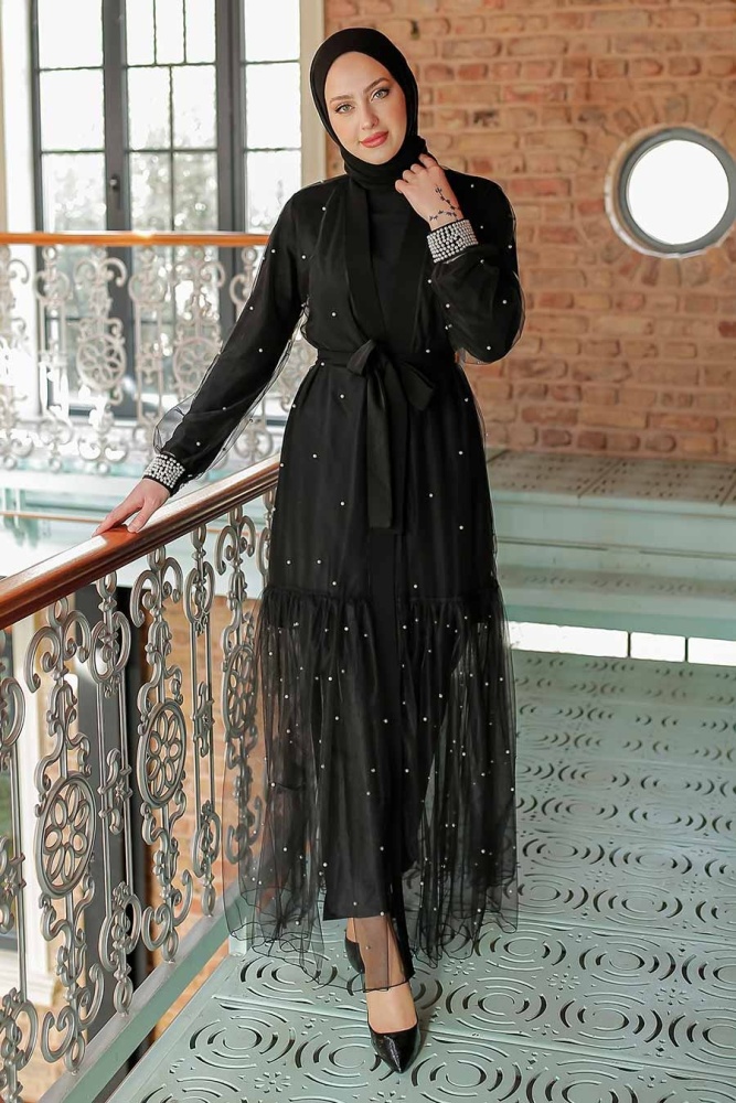  İnci Detaylı Siyah Tesettür Abaya 351500S - 1