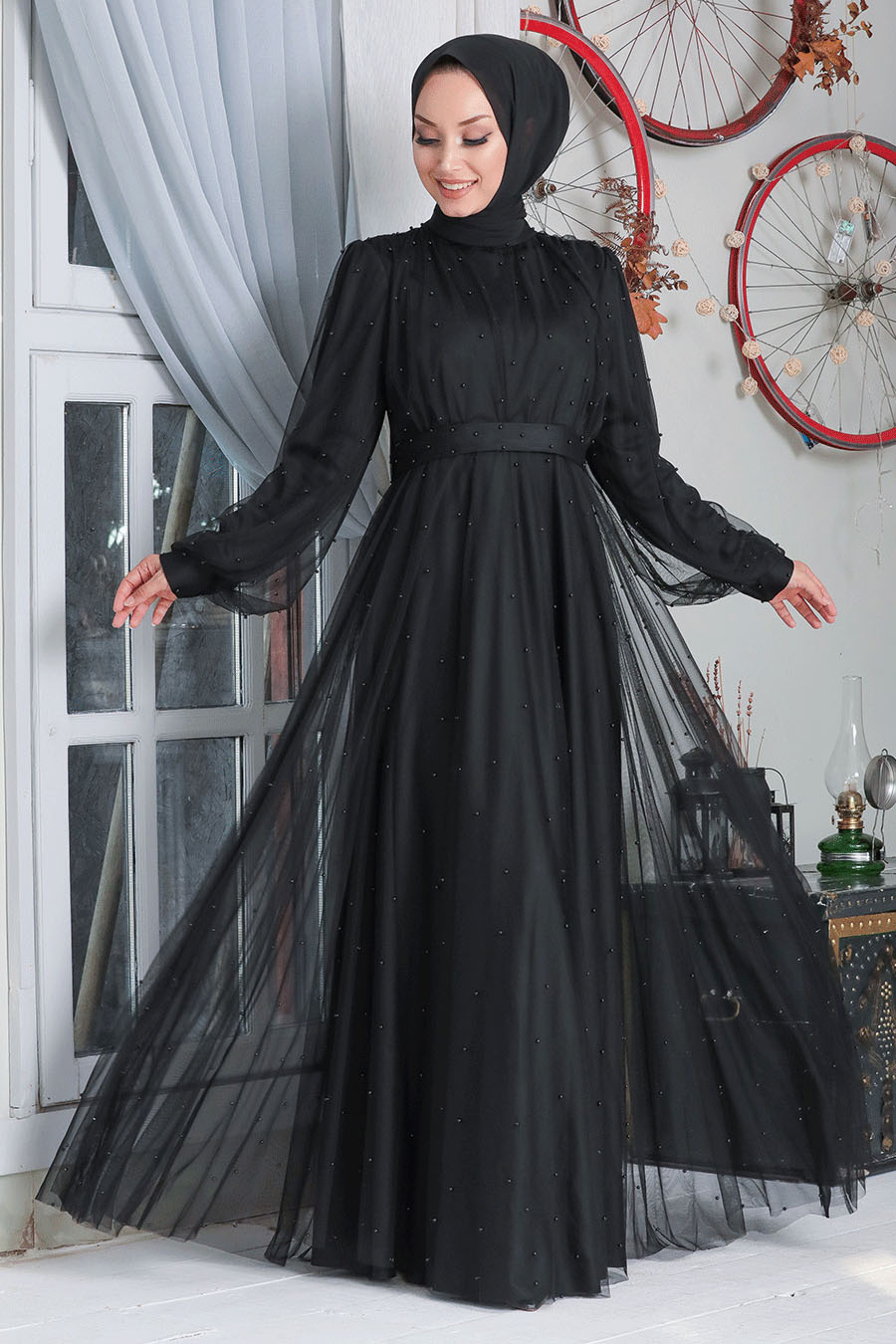 Neva Style - İnci Detaylı Siyah Tesettür Abiye Elbise 50080S