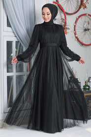 Neva Style - İnci Detaylı Siyah Tesettür Abiye Elbise 50080S - Thumbnail