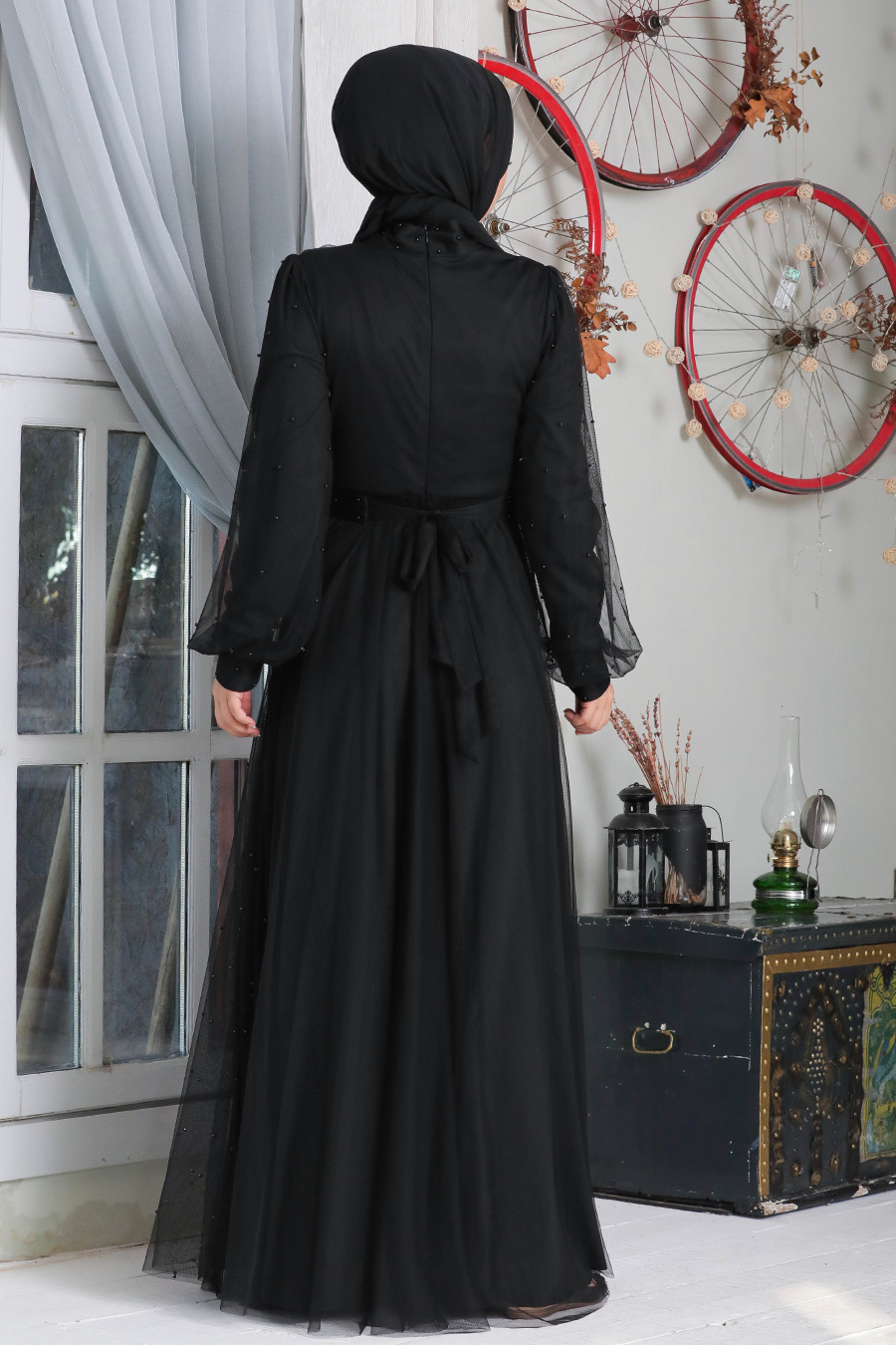 Neva Style - İnci Detaylı Siyah Tesettür Abiye Elbise 50080S