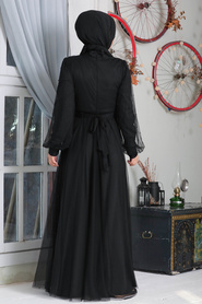 Neva Style - İnci Detaylı Siyah Tesettür Abiye Elbise 50080S - Thumbnail
