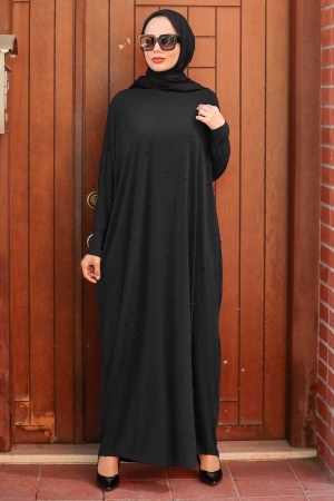 Neva Style - İnci Detaylı Siyah Tesettür Elbise 4995S - 1