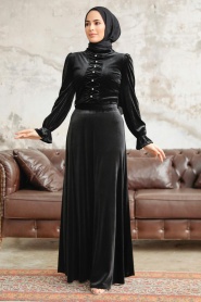 Neva Style - İnci Detaylı Siyah Tesettür Kadife Elbise 37091S - Thumbnail