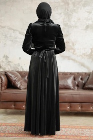Neva Style - İnci Detaylı Siyah Tesettür Kadife Elbise 37091S - Thumbnail