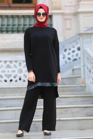Neva Style - İnci Detaylı Siyah Tesettür Triko Takım 1585S - 1