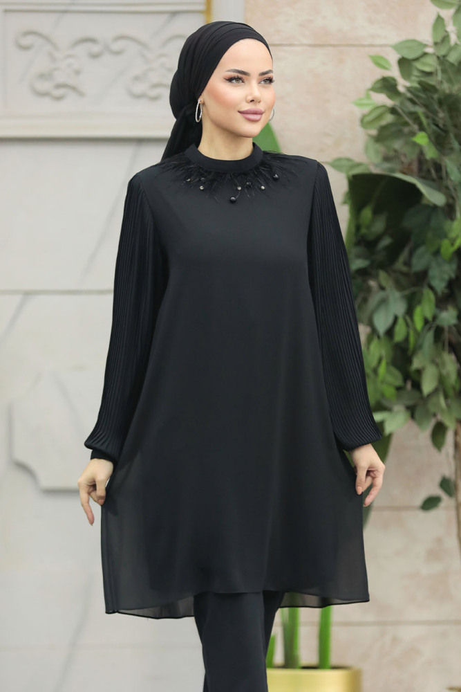  İnci Detaylı Siyah Tesettür Tunik 24032S - 1